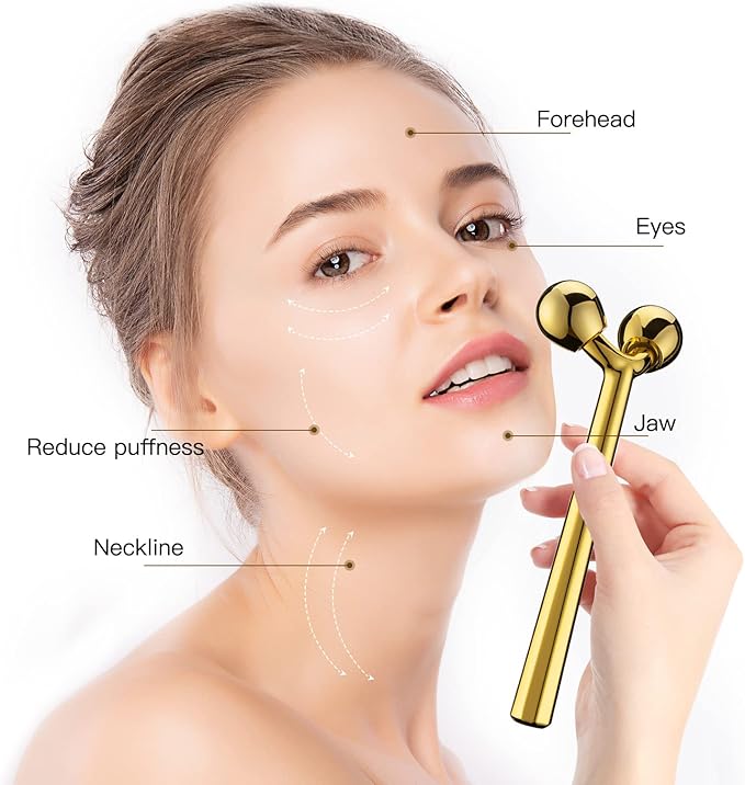 Tekson Facial Roller Massager, 3D Metal face Massage Tool for Eye Reduce Puffiness, Face Lift, Anti-Aging, Skin Tightening (Gold