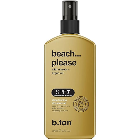 b.tan SPF 7 Deep Tanning Dry Spray | Beach... Please Tanning Oil - Get a Deep Bronze & Golden Tan, Deeply Nourishes Skin from Marula & Argan Oil, Hint of Self Tan, Vegan, Cruelty Free, 236ml