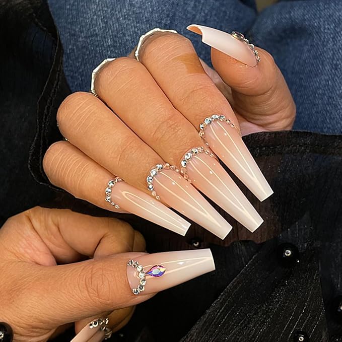 Yivaiks Press-on Nails, 24pcs Ballerina Bling Acrylic Nails Kit, Rhinestones Coffin Nails with Designs, Full Cover Artificial Nails, 12 Sizes, Ideal for Occasions, Gifts, Temporary Use