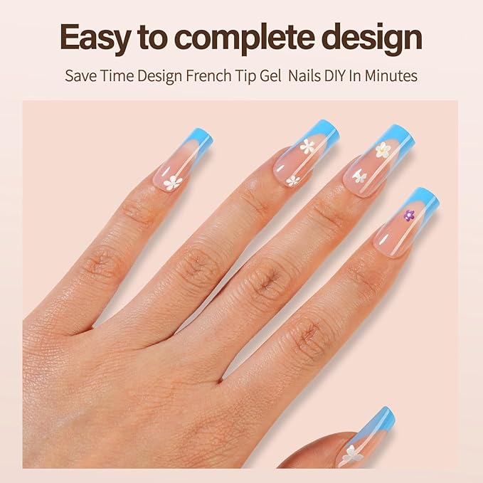 150Pcs French Gel Nail Tips, Vansiho Long Square Nail Tips, Blue Pre-French Tips Press on Nails, Soak Off Soft Gel Acrylic Fake Nails for Nail Art DIY 15 Sizes