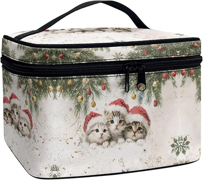 Cute Cats Travel Makeup Bags for Women Portable Tote Cosmetic Case with Carry Handle Toiletry Accessories Storage Organizer Bags for Christmas, White