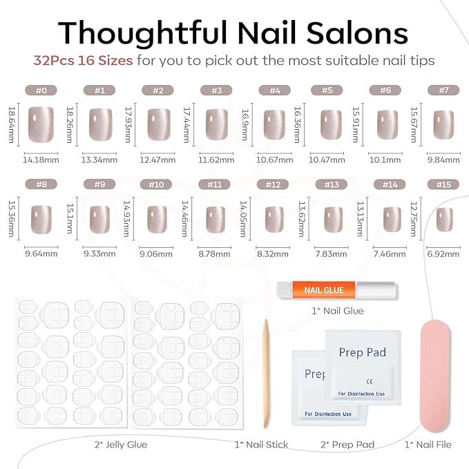 Modelones Cat Eye Press on Nails Short, Christmas Square Fake Nails, Reusable Nail Kit with Nail Glue Adhesive Tabs Mini Nail File, Nails Press Ons 32Pcs 16Sizes, Women Girl Gift