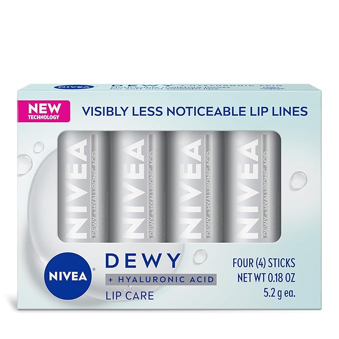 NIVEA Dewy Lip Balm with Hyaluronic Acid, Skin Care Gifts for Mom, Leaves Visibly Less Noticeable Lip Lines and No Waxy Feel, 0.18 Oz, Pack of 4