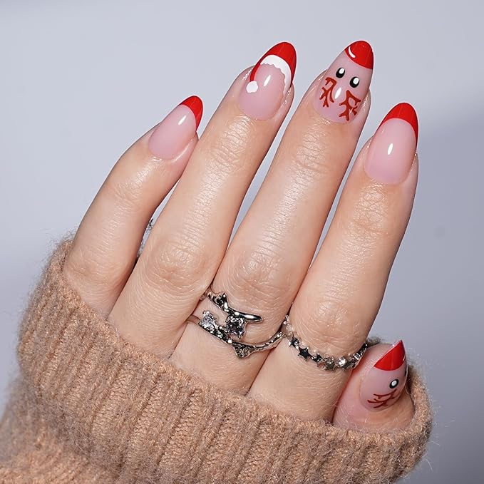 French Tip Press on Nails, Short Press on Nails Almond Reusable Glossy Red Nails Soft Gel Elk False Nails Press ons for Women, 16 Sizes 32 Count Nails Kit with Glue (SV-14)