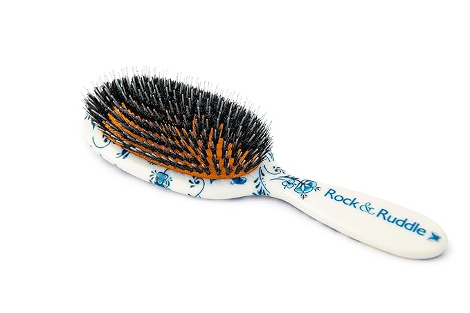 Rock & Ruddle Natural Mixed Boar Bristle Hair Brush for Women and Kids (Large, 21cm) - Perfect for Wet or Dry Hair, Detangling Smoothing Blowdrying - Designed & Made in UK - Pretty Blue