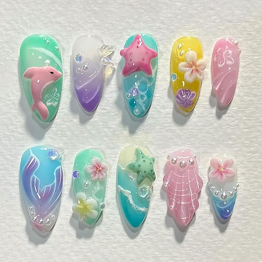 Summer Press on Nails Starfish False Nails Flower Fake Nails 3D Shell Floral Bubble Beads Design Pearl Gradient Stick on Nail Colorful Ocean Glue on Nail for Women DIY Salon Manicure Supplies