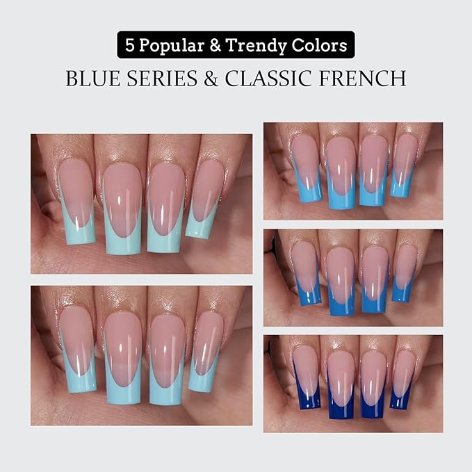 BTArtboxnails XCOATTIPS French Tip Press On Nails - Blue Press On Nails Square, Long Fake Nail Tips, 150Pcs Soak Off Soft Gel Acrylic Nail Extension in 15 Sizes