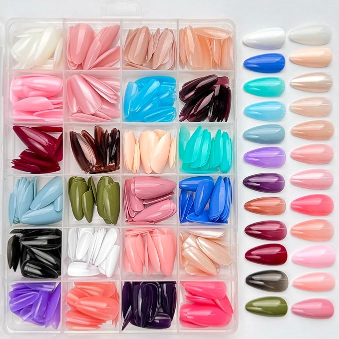 576 Pcs Press on Nails Medium Almond Fake Nails Solid Color False Nails 24 Color Glossy Acrylic Glue on Nails Reusable Artificial Nail Stick on Nail for Women Manicure