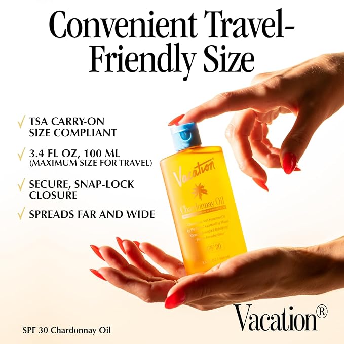 Vacation Chardonnay Oil SPF 30 + Air Freshener Bundle, Vegan Suntan Oil with Broad Spectrum SPF, Oxybenzone + Octinoxate Free Sunscreen Tanning Oil, TSA Friendly, Travel Size, 3.4 fl. Oz.