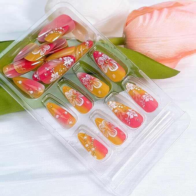 24Pcs Flower Press on Nails Medium Almond Fake Nails with 3D Designs Gold Pearl Rhinestone Glue on Nails Summer False Nails Gradient Orange Red Acrylic Nails Full Cover Stick on Nails for Women