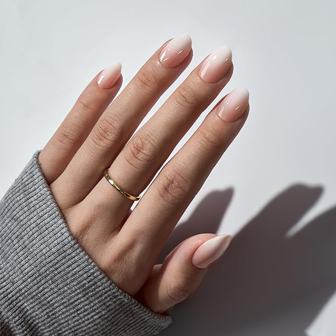 BTArtbox Press On Nails Almond - Extra Short Press On Nails, Nude White Ombre Soft Gel Nails, Natural Reusable Stick On Nails in 16 Sizes - 32 Fake Nails Kit