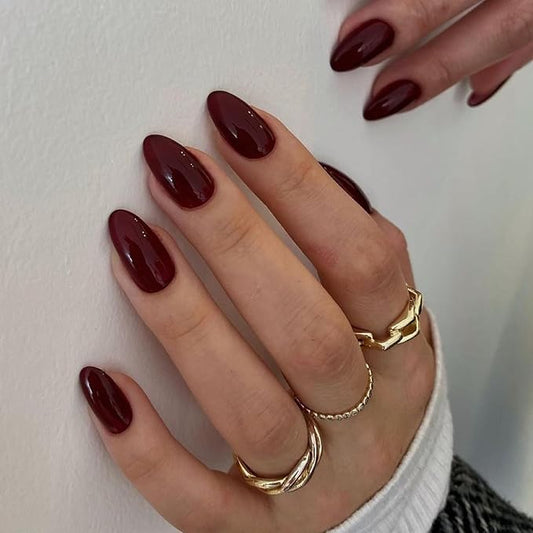 Burgundy Wine Red Press on Nails Short Almond Fake Nails Press ons, Solid Color Glue on Nails Short False Nails, Medium Almond Nails Round Glue on Nails for Women, 24 Pcs