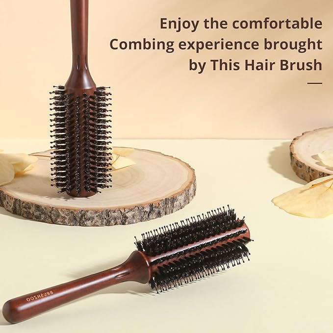 Round Boar Bristle Brush for Blow Out, Blow Drying, Straightening, Styling, 2.8in, Brown - Adds Shine & Volume for Women & Men