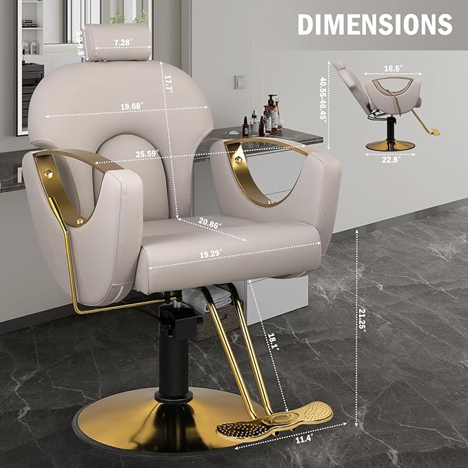 Salon Chair for Hair Stylist, Reclining Hair Barber Chair with Heavy Duty Hydraulic Pump, Up to 440 Lbs, 360 Degrees Swivel Beauty Spa Equipment for Salon Barbershop, Grey Glod