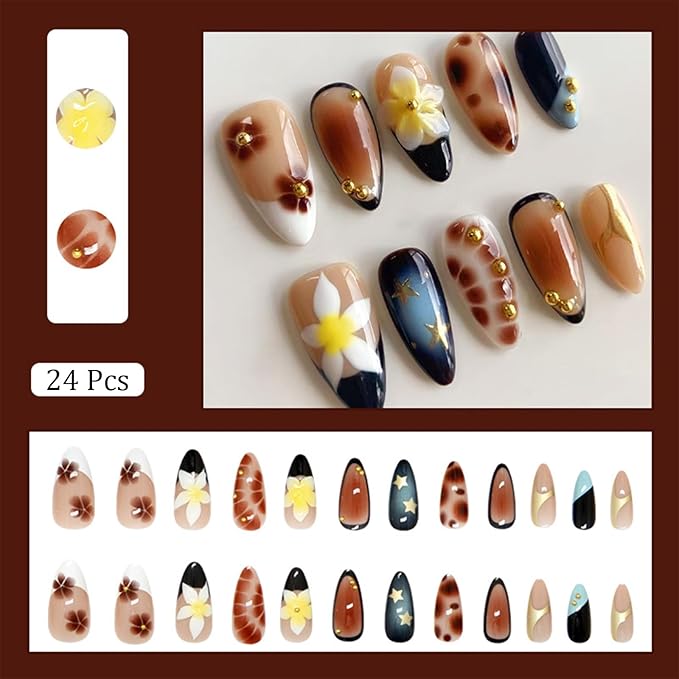 Fall Press on Nails Short Almond French Tip Fake Nails with 3D Flowers Design Glossy Brown Gradient Acrylic False Nails Gold Beads Stick on Fingernails Star Glue on Nail for Women 24Pcs