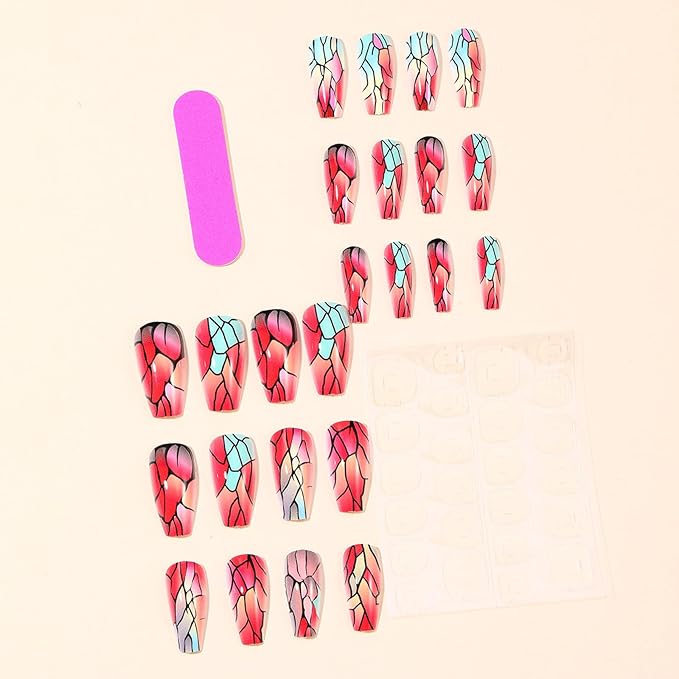 Red Ombre Press on Nails Marble Acrylic Full Cover Fake Nails 24Pcs Glossy Black Gradient Medium Coffin False Nail Crack Stick on Nail Curve Line Gel Glue on Fingernails for Holiday Manicure Art