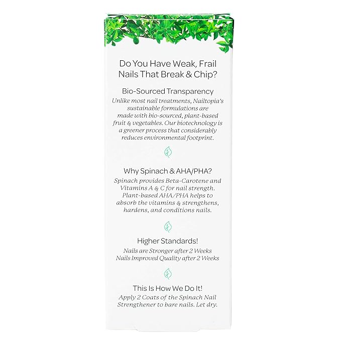 Nailtopia Spinach Nail Strengthener - Revitalizing Nail Strengthener Treatment for Stronger Nails - Growth Serum for Damaged, Thin, Cracked Nails - Vitamin Infused, Bio Sourced, and Vegan - 0.41 oz