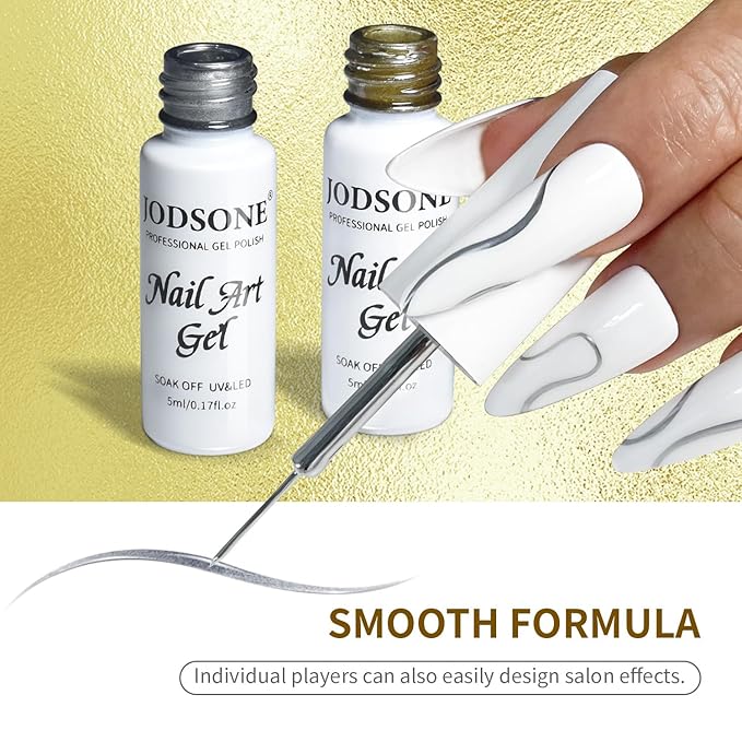 JODSONE 2pcs Metallic Nail Art Gel Liner Gold Mirror Chrome and Silvery 3D Effect Gel Nail Polish Thin Brush Metal Painted DIY at Home Salon Quality Gift for Women