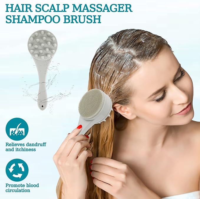 2 Pack Silicone Facial Cleasing Brush and Hair Scalp Massager Shampoo Brush 2 in 1 Double Sided Face Scrubber Scalp Scrubber Manual Exfoliating Light Gray