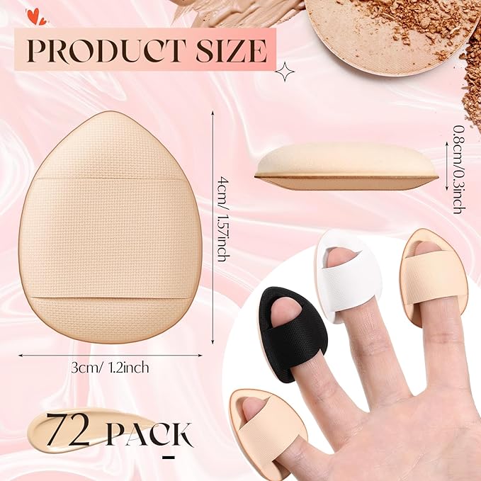 Gerrii 72 Pcs Finger Powder Puff Mini Makeup Sponge Soft Beauty Makeup Blender Puff for Foundation, Face Powder, Under Eye Setting, Concealer, Repair Cream, Cosmetic Tool (Black,White,Skin Color)