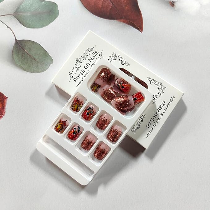 24Pcs Thanksgiving Press on Nails with Maple Leaf Pumpkin Designs Short Square Acrylic Fake Nails Gold Glitter False Nails Full Cover Stick on Fingernails Autumn Gel Glue on Nail for Women