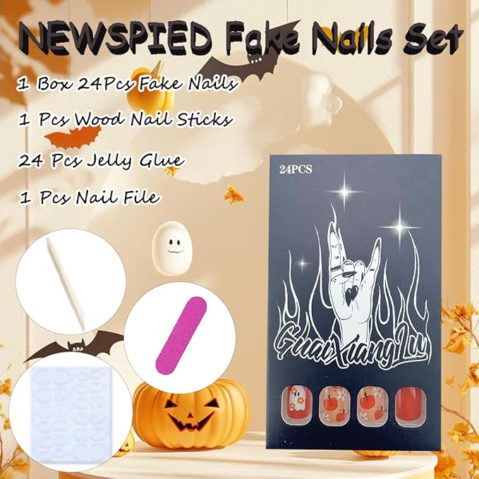 Halloween Press on Nails Short Square Fall Nails Pumpkin Ghost Fake Nails with Flower Designs Full Cover False Nails Cute Halloween Acrylic Nails for Women Manicure Decorations 24Pcs
