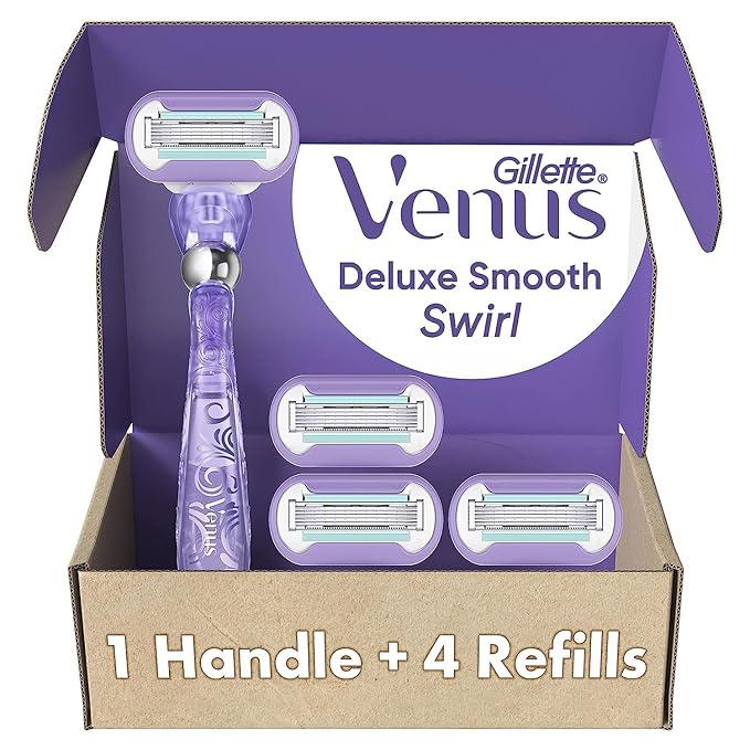 Gillette Venus Deluxe Smooth Swirl Women's Razor Handle + 4 Blade Refills, Flexible Handle and Pivoting Head