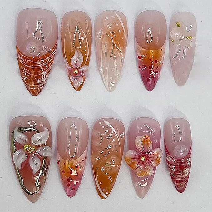 24Pcs Handmade Press on Nails Medium Almond Fake Nails Flower with Gold Rhinestones Design Glossy Full Cover Chrome Glue on Nails Spring Summer Nails French Tip False Nails for Women Acrylic Nails