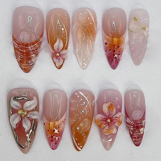 24Pcs Handmade Press on Nails Medium Almond Fake Nails Flower with Gold Rhinestones Design Glossy Full Cover Chrome Glue on Nails Spring Summer Nails French Tip False Nails for Women Acrylic Nails