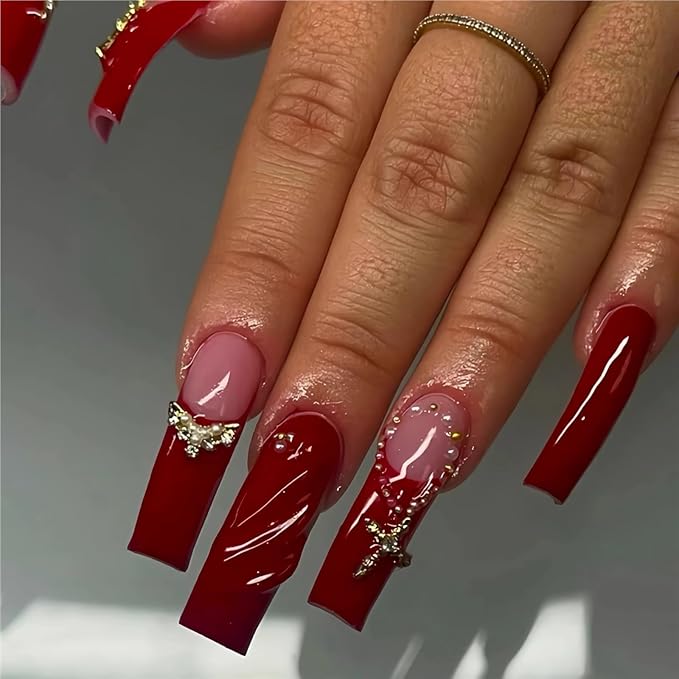 BABALAL Curved Press on Nails Extra Long Square Fake Nails Ruby Red Glue on Gothic Cross Rose Gold Charm Luxury Handmade Acrylic Women Reusable 3d Stick on 20PCS Custom DIY