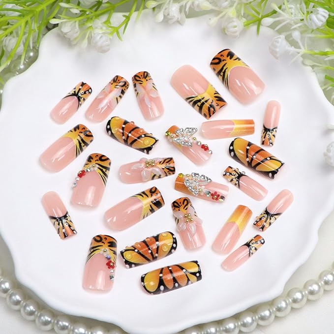 Fall Press on Nails Medium Length Square Fake Nails Orange Yellow Nails Press ons with 3D Flower Butterfly Designs French Tip Acrylic Nails for Women 24Pcs