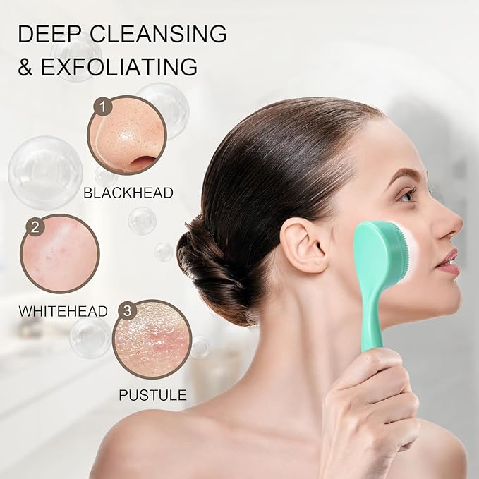2 Pack Silicone Face Scrubber Exfoliating Brush, Manual Handheld Facial Cleansing Brush Blackhead Scrubber, Soft Bristles Waterproof for Face Skincare (Round-Green)