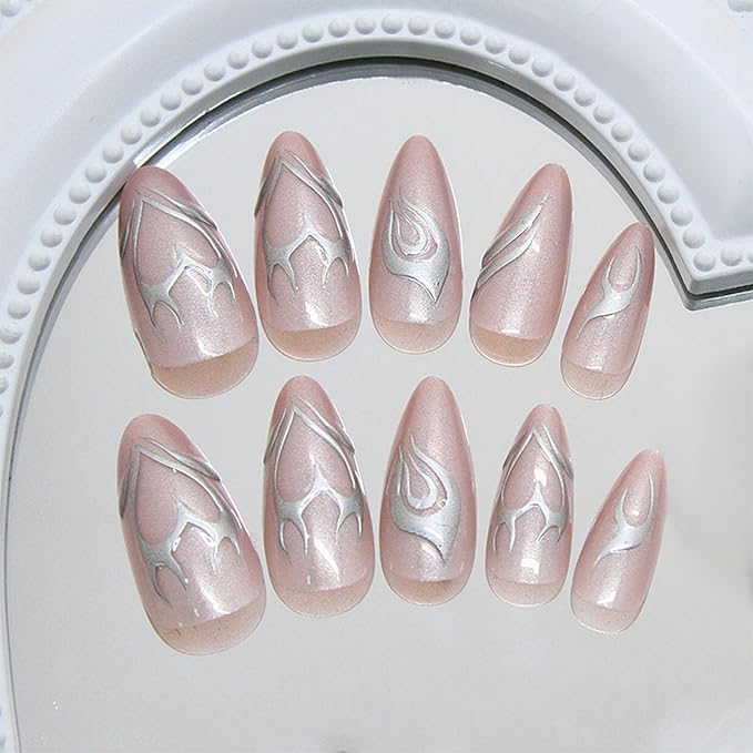IMRAIN Press on Nails Medium Almond Fake Nails Nude Cat's Eye False Nails with 3D Irregular Line Designs Acrylic Nail Supplies Glossy Glue on Nails for Women Girls Manicure Decor