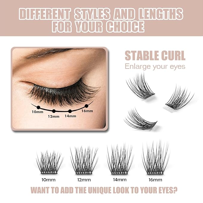 DIY Eyelash Extension, 3D Effect Glue Bonded Band Individual Lash 48 Clusters Volume Lashes Set, Home Eyelash Extension, C curl Lashes Pack 12MM-48 Clusters