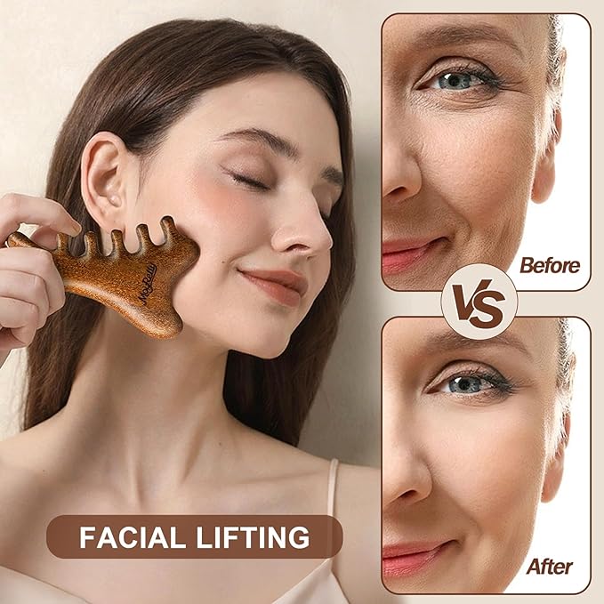 MoyRetty 4-in-1 Gua Sha Tool, Sandalwood Face & Body Massager, Lymphatic Drainage Massage Comb with Storage Pouch (Golden Sandalwood)