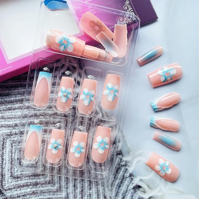 Coffin Press on Nails Medium Square Fake Nails with Cute Floral Design Full Cover Spring Stick on Nails Ripple French Tip False Nails Glossy Acrylic Nails for Women Girls Manicure Salon 24Pcs