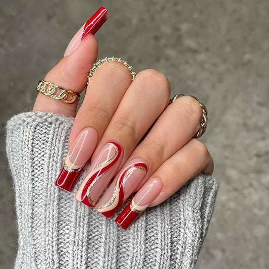 BABALAL Coffin Press on Nails Swirl Design Nails Long False Nails Glossy Fake Nails Red Acrylic Nails for Women and Girls