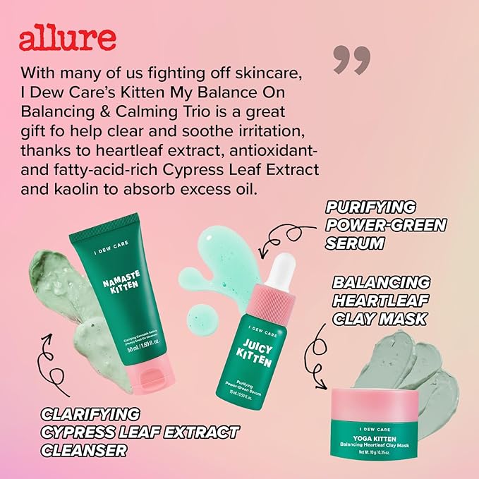 I DEW CARE Blemish Heartleaf Skincare Set - Kitten My Balance On | Foam Cleanser & Wash-off Mask & Serum, Clear & Soothe Irritation, Absorb Excess Oil, Gentle Face Wash, Travel Size, Stocking Stuffers
