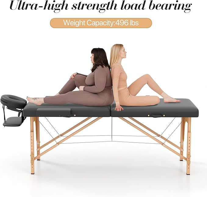 Massage Table, Portable 2 Section Foldable Tattoo Bed, Height Adjustable Lash Spa Bed with Face Cradle, Home Light Weight Facial Salon Bed with Wood Frame, Black