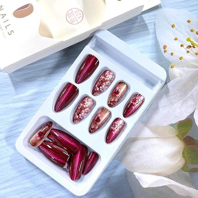 Flower Press on Nails Almond Medium Pink Floral Pattern Design Rose Red Acrylic False Nail Full Cover Glossy Blossom Artificial Fingernails DIY Reusable Press Ons Stick on Nails for Women