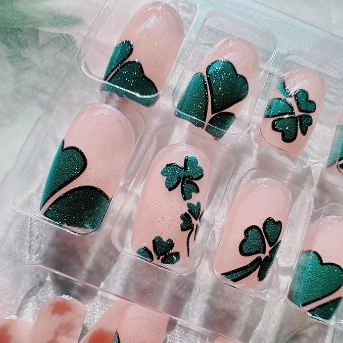 St. Patrick's Day four-leaf Press on Nails with French Clover Glitter Design,Glossy Sparkly Silver Green Four Leaf Clover Fake Nails Full Cover Glue on Nails Lucky Shamrock Stick on Nails for Women