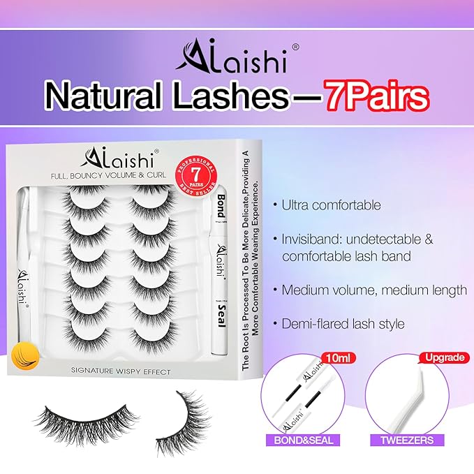 Wispy False Eyelashes Kit With Bond, Seal and Tweezer, 7 Pairs Natural Look Fake Cat Eye Lashes Strips Thin Band Extensions Waterproof Easy Eyelashes for Beginners RQ01