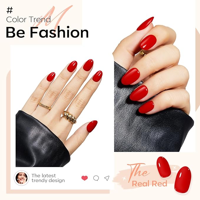 modelones Red Short Press on Nails Oval Fake Nails with Nail Glue, Adhesive Tabs, Nail File, Prep Pad, Manicure Stick, 32Pcs 16 Sizes, Christmas
