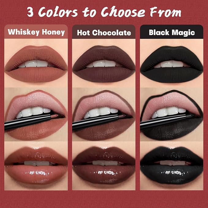 QiBest 3-in-1 Black Lipstick Set for Halloween & Goth Makeup, Matte Liquid Lipstick + Lip Gloss + Gel Lip Liner Pencil Lip Kit for 24 Hours Long Lasting & Waterproof Gothic Lip Makeup (Black Magic)