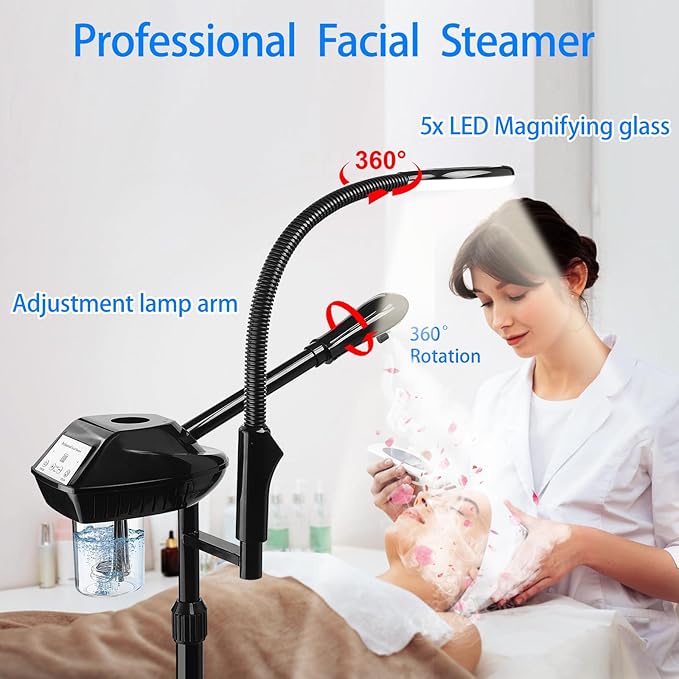 Professional Facial Steamer on Wheels, 2-in-1 Facial Steamers with 5X Magnifying Lamp, Facial Steamer for Facial Deep Cleaning, Facial Humidifier for Spa, Salon and at Home Use