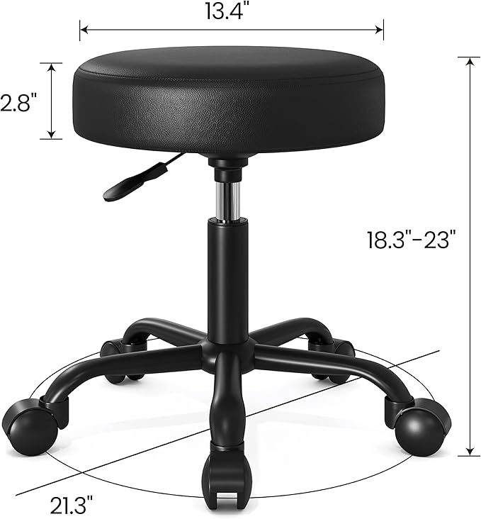 SHA CERLIN Rolling Stool with Wheels Swivel Shop Salon Chair Adjustable Drafting Massage Medical Tattoo Spa with PU Leather Cushioned, Black
