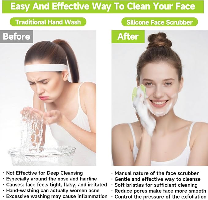 2 PCS Face Scrubber, Soft Silicone Face Exfoliator with Suction Cup for Man and Women Deep Skin Clean, Gentle Facial Cleaning Brush Suitable for All Sensitive Skin (Green)