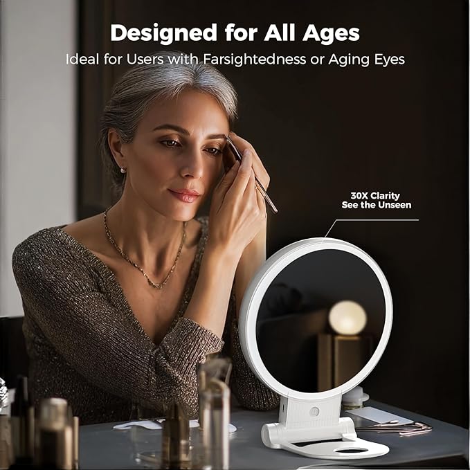 1X/30X Lighted Makeup Mirror with Magnification, Double-Sided Switch, 3-Color Lights, 2000mAh Rechargeable, Adjustable Brightness, Makeup Mirror with Lights for Vanity Table or Bathroom