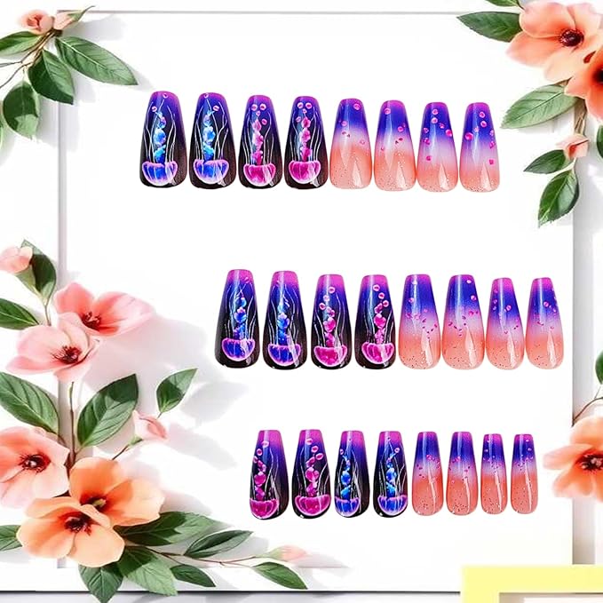 Jellyfish Press on Nails Long Ballet Shaped Full Cover Glossy Acrylic Fake Nail Cute Jellyfish Pattern Design Gradient Artificial Fingernails French Stick on Nail Reusable Glue on Nails for Women