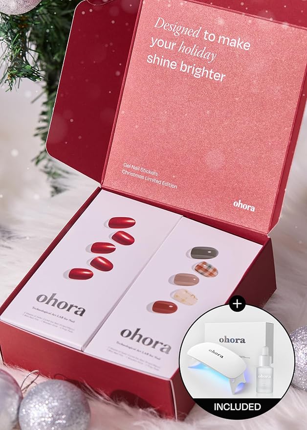 ohora Semi Cured Gel Nail Strips ([2025 Christmas Set] N Red Chrome & N Joy) - Works with Any Lamps, Salon-Quality, Long Lasting, Easy to Apply & Remove